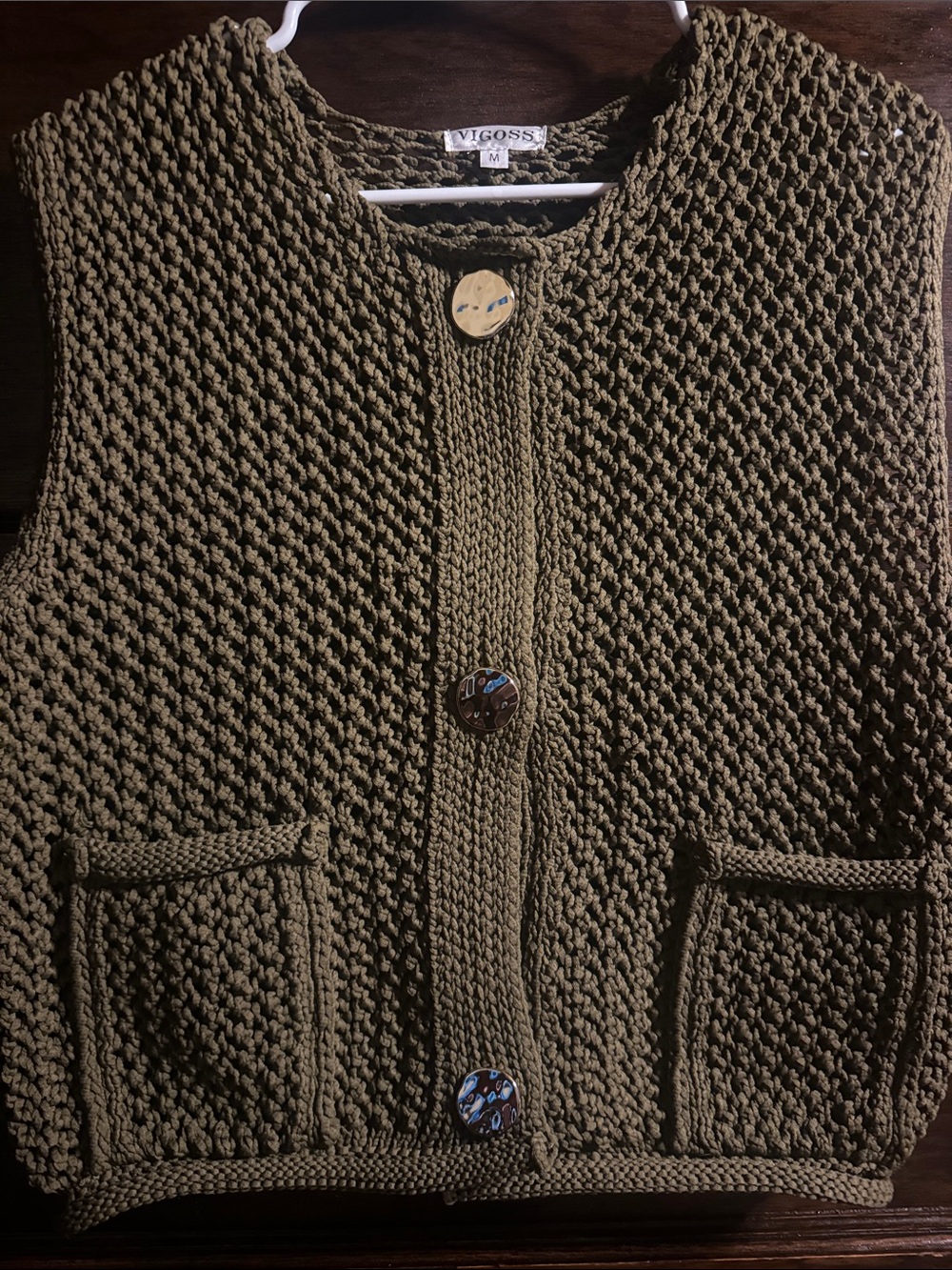 Vigoss Olive Green Textured Knit Button-Front Sweater Vest, Size M